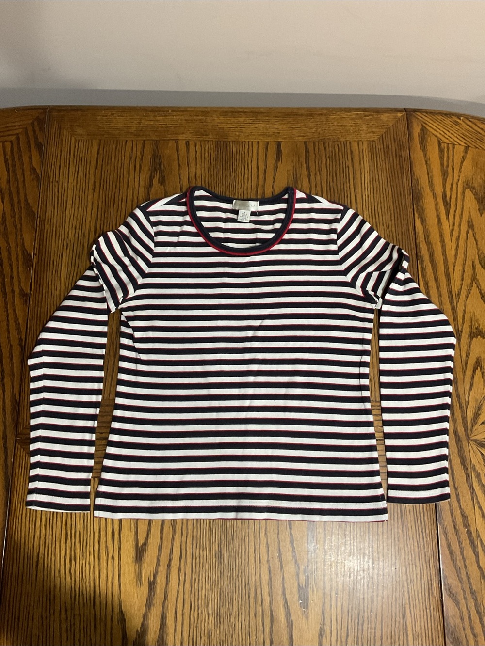 Petite Sophisticate Long Sleeve Striped Tee - White, Navy Blue & Red